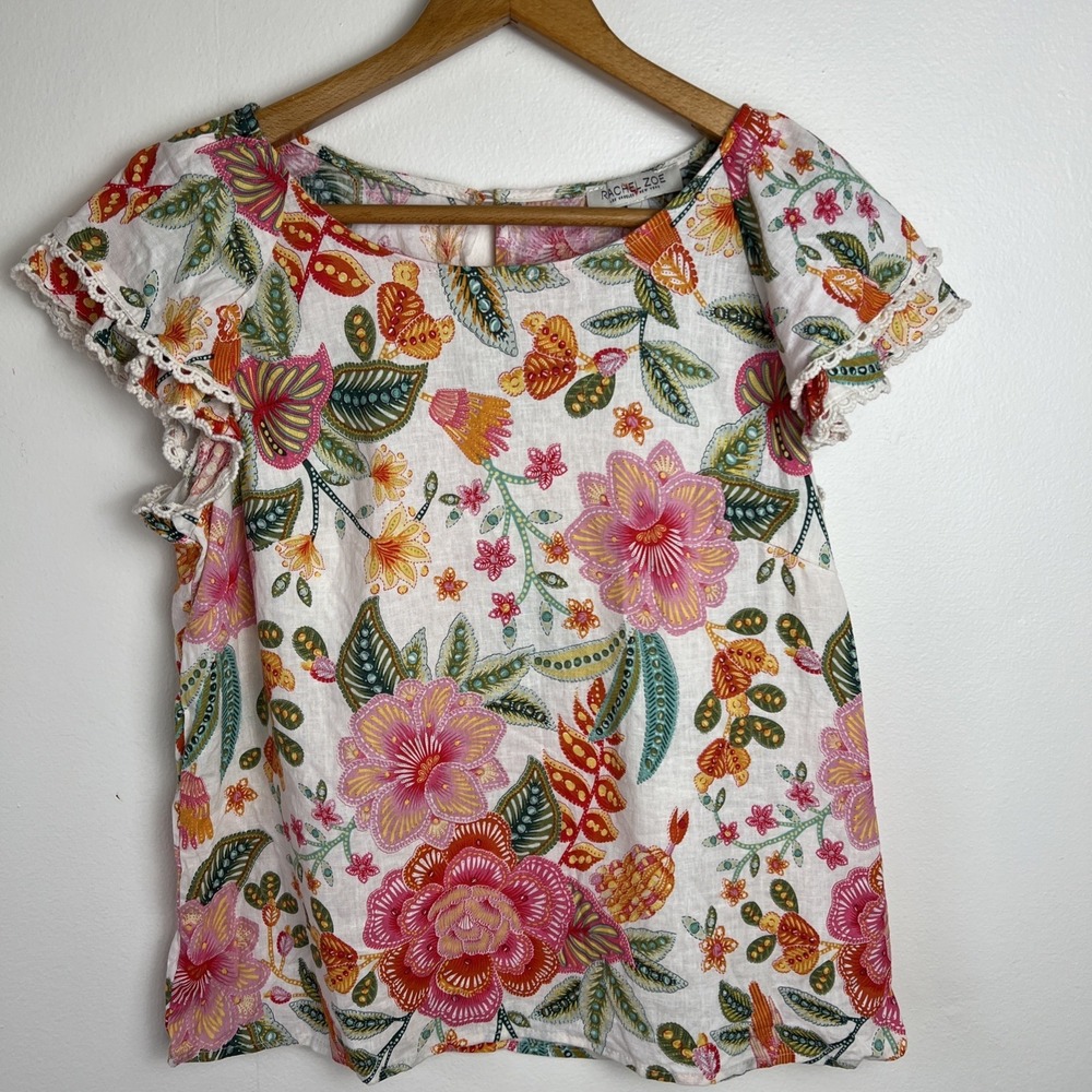 Rachel Zoe Wildflower Boho Top Sz Med Linen Blend Eyelet Summer Prairie Hippy